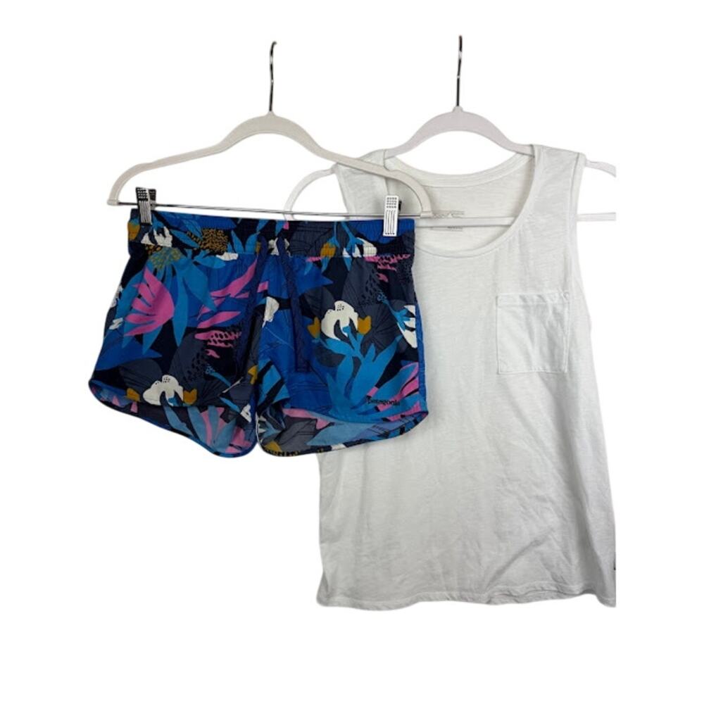 Patagonia Blue Floral Stretch Planing Micro Board Shorts White Tank Top Sz S Set